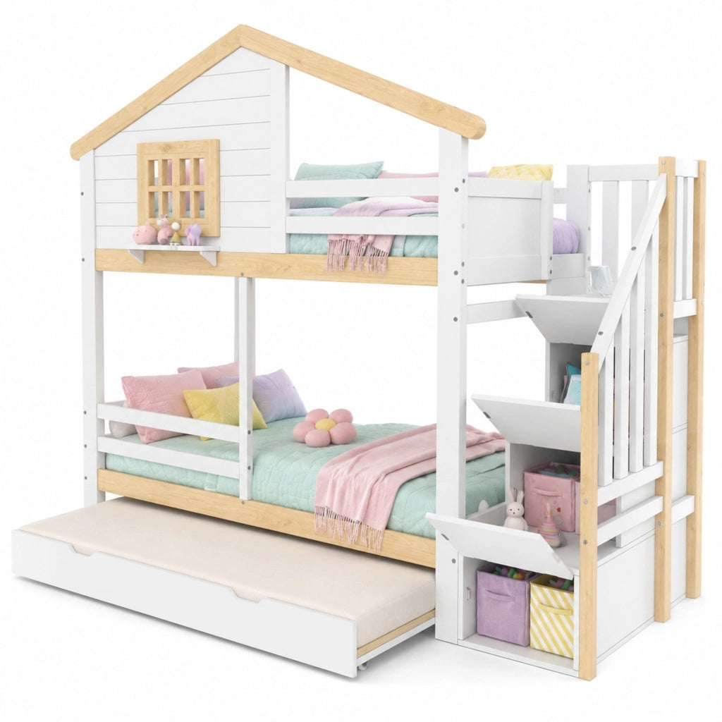 Letto a castello 90x200 con letto estraibile e scala contenitore