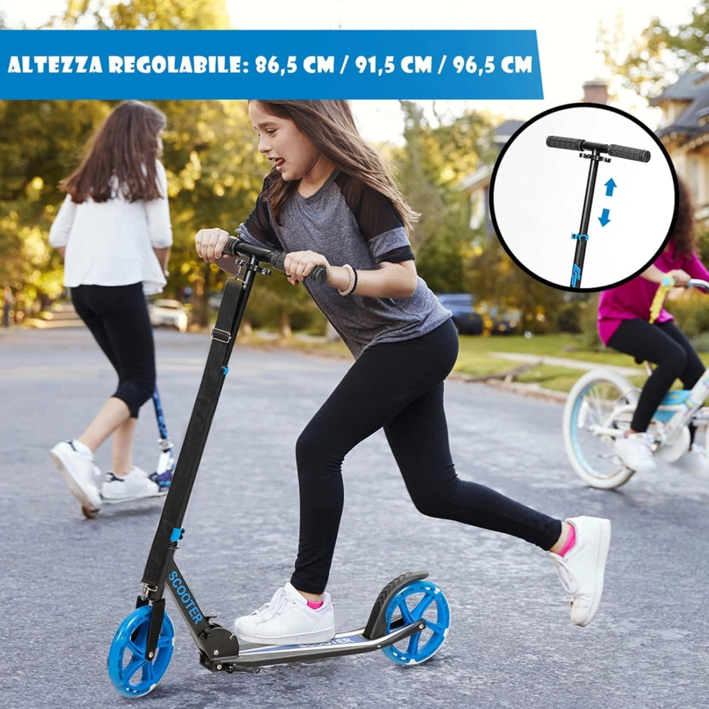 Monopattino Pieghevole con Altezza Regolabile, 2 Ruote Luminose con Freno, Manubrio Regolabile, Pedana Antiscivolo, Tracolla e Cavalletto, Scooter Portata 100kg, 10+ Anni