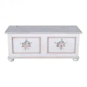 Cassapanca in legno Shabby chic mod cipolla bianco anticato decorato filo rosa