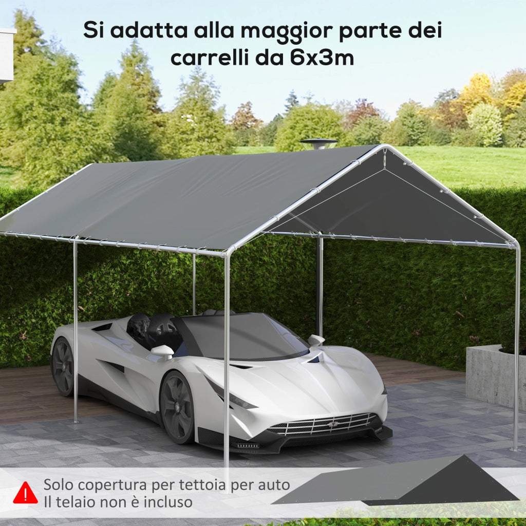 Copertura di Ricambio 600x300 cm Anti-UV per Carport Auto con Corde Elastiche in PE Grigio Scuro
