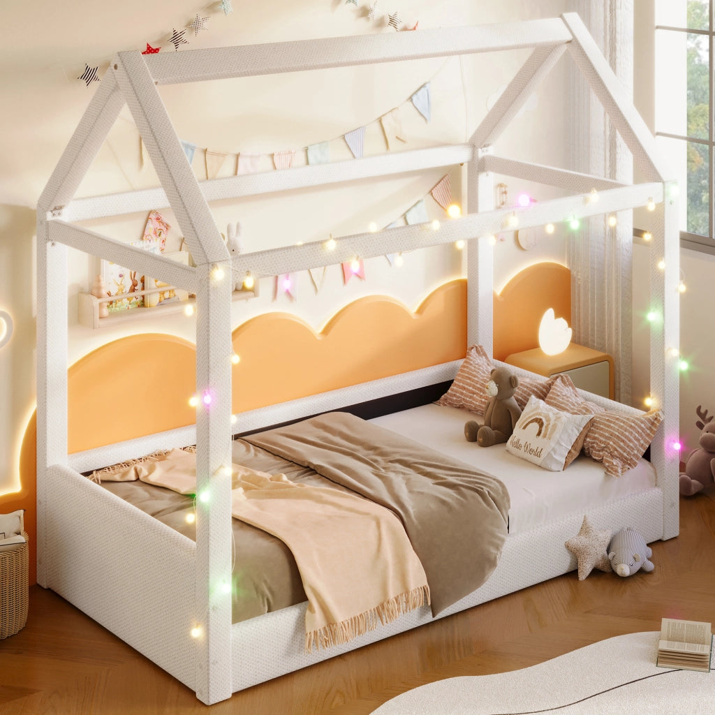 Letto a giorno con luci LED in MDF beige 90x200 cm