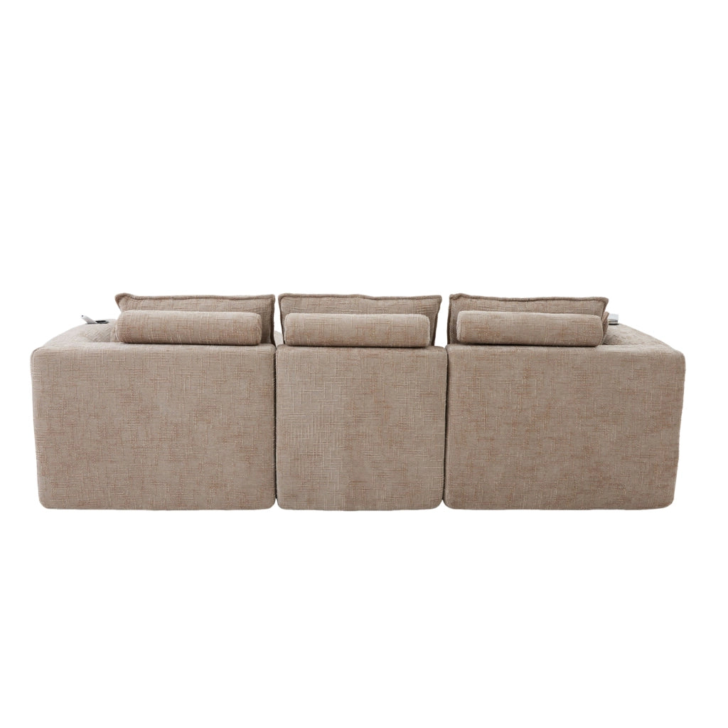 Divano modulare con pouf; cuscini e tasche laterali; chenille khaki; 256x161x75 cm