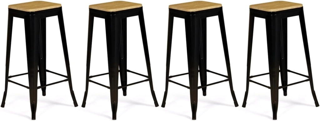 Set di 4 sgabelli da bar LENY in metallo nero opaco impilabili con sedile in legno