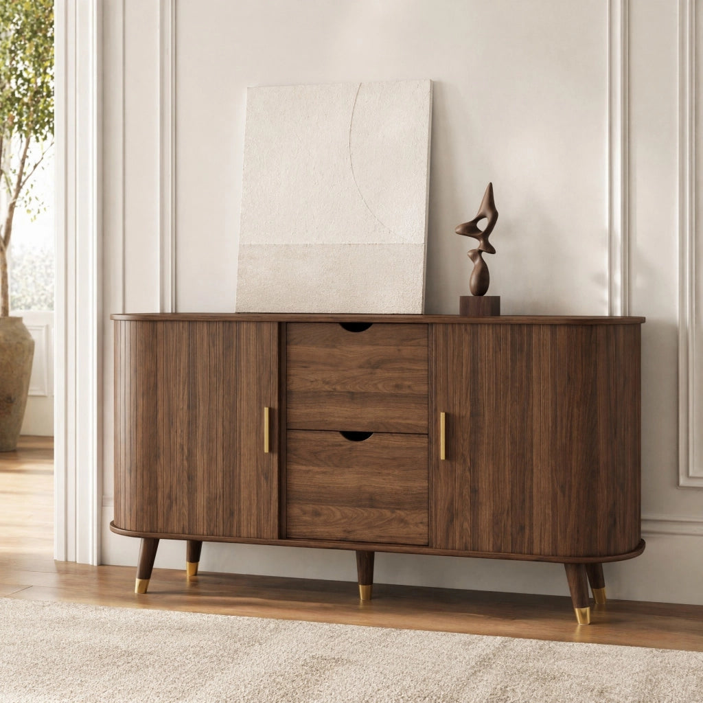 Sideboard in MDF effetto noce con trama verticale; 2 cassetti; 140x40x79;5 cm