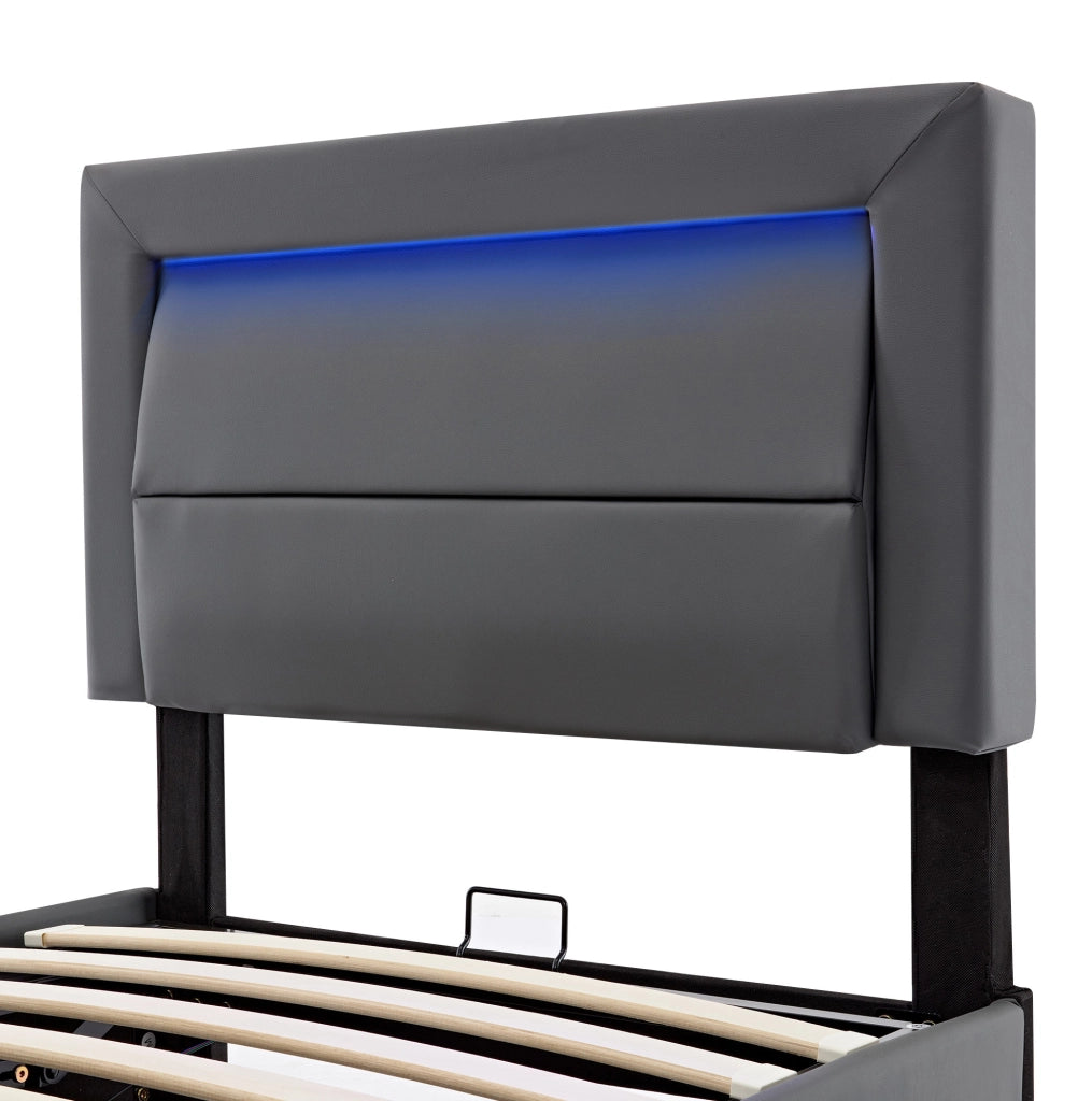 Letto imbottito 90x190 cm in PU grigio con LED e ricarica USB