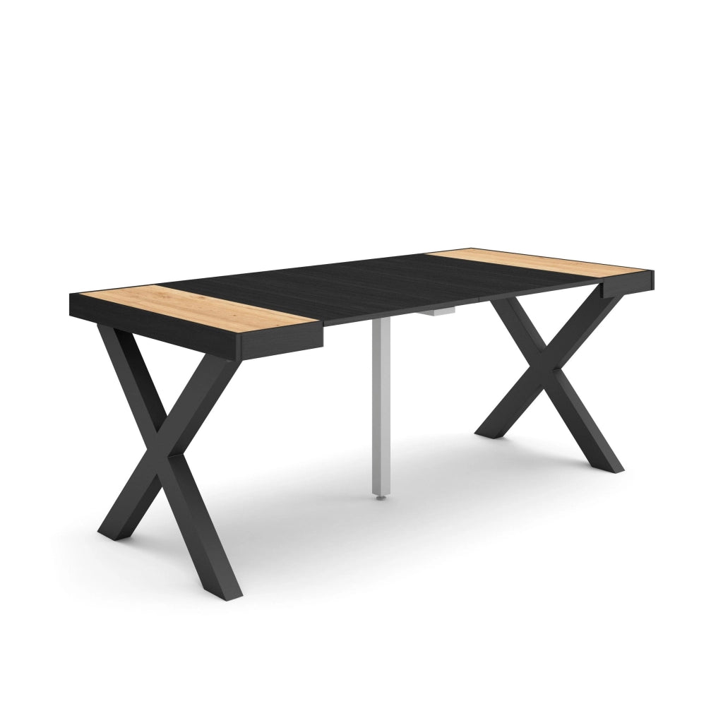 Consolle allungabile, 58 fino 180x90x73cm, Per 8 persone, Gambe in legno, colore Rovere e nero RF2763