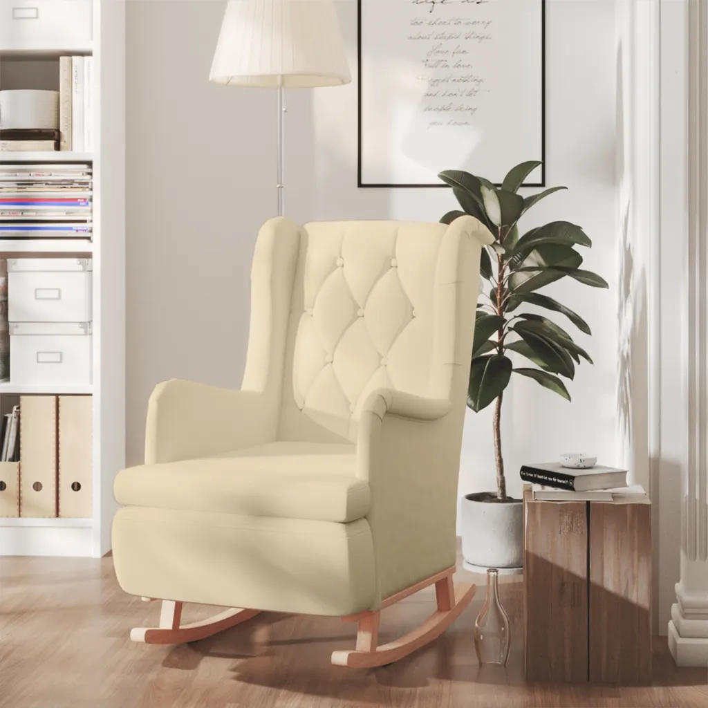 Poltrona Gambe a Dondolo | Sedia Relax in Legno di Hevea Crema in Tessuto