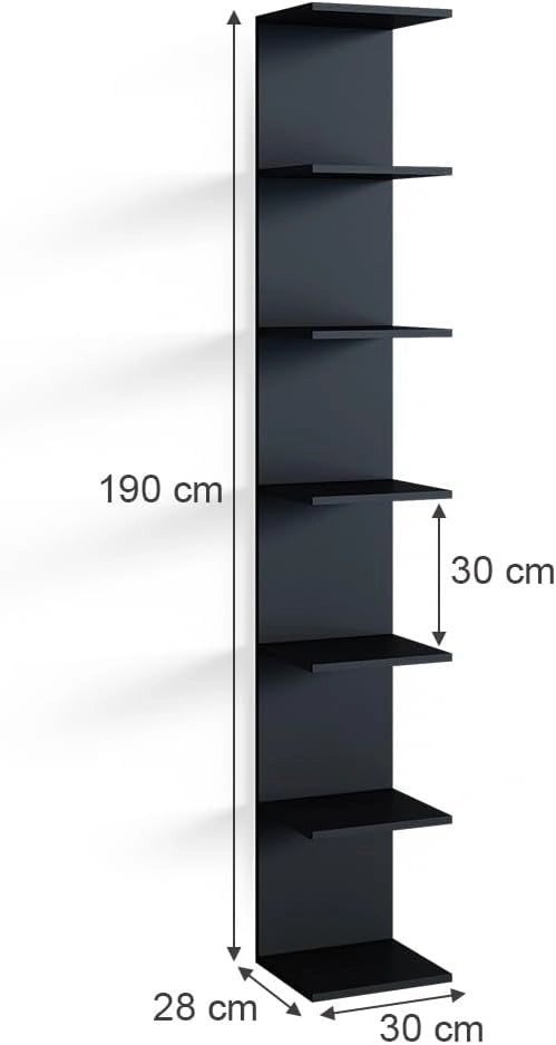 Libreria da parete Paolo, Nero, 30 x 190 cm, montabile per riporre libri e decorazioni