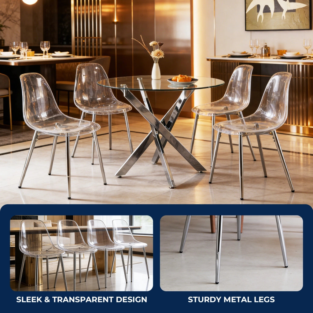Sedia da pranzo in ABS trasparente con gambe in metallo e design minimalista argento