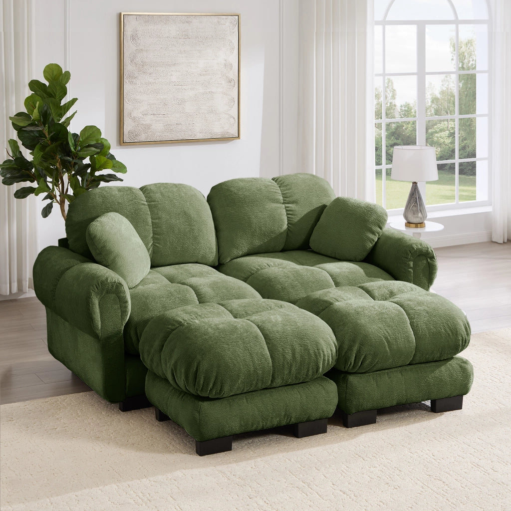 Divano modulare 2 posti con pouf mobile e cuscino, seduta trapuntata, Chenille, Verde, 190 × 149 × 90 cm