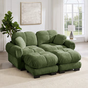 Divano modulare 2 posti con pouf mobile e cuscino, seduta trapuntata, Chenille, Verde, 190 × 149 × 90 cm