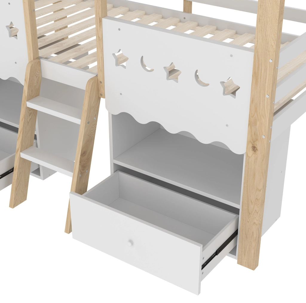 Letto a soppalco 90x200 cm a casetta con LED; in pino bianco e naturale