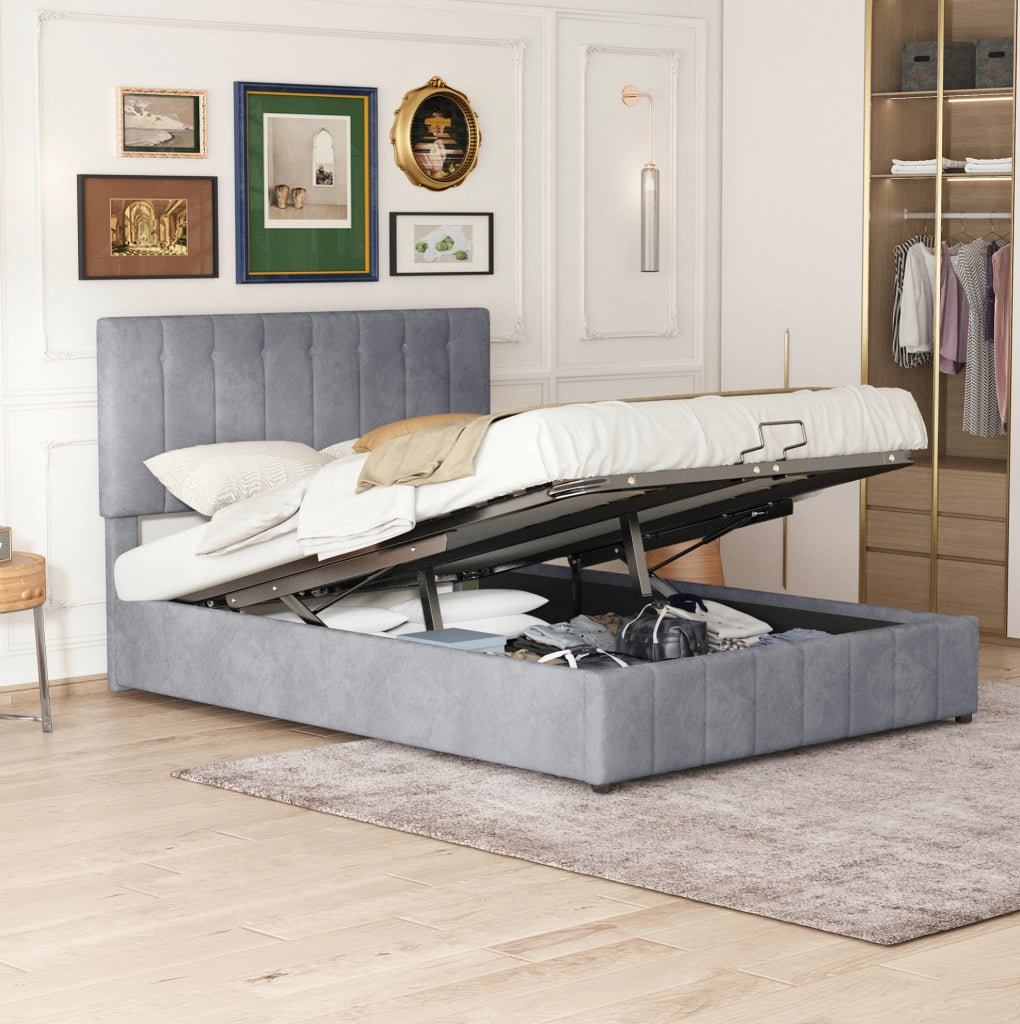 Letto imbottito grigio con contenitore idraulico 203x140 cm