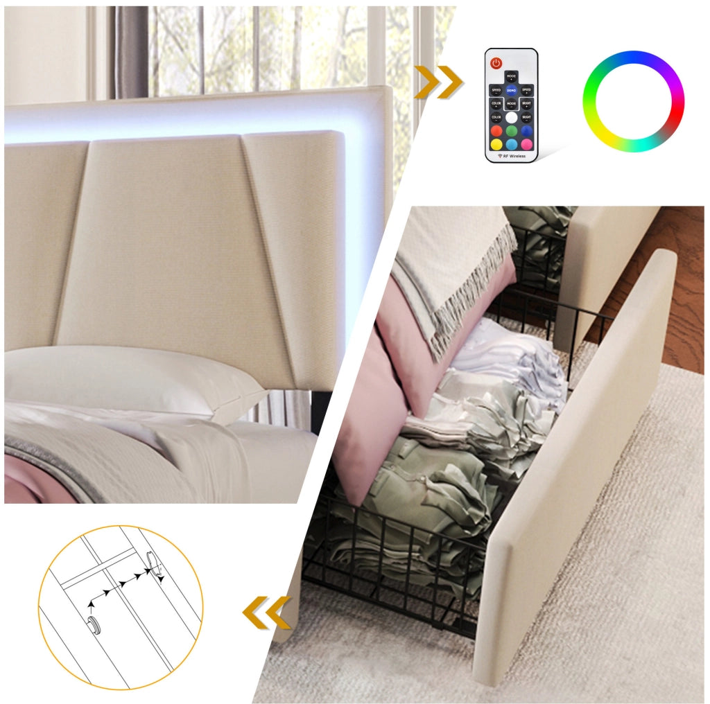 Letto matrimoniale 140x200 cm beige con LED e 4 cassetti, senza materasso