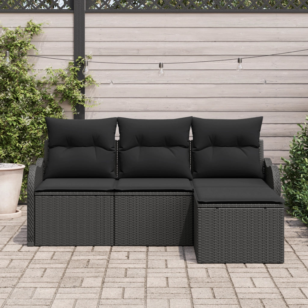 Set di Divano da Giardino  in 4 Pezzi con Cuscini Rattan Poliestere Nero