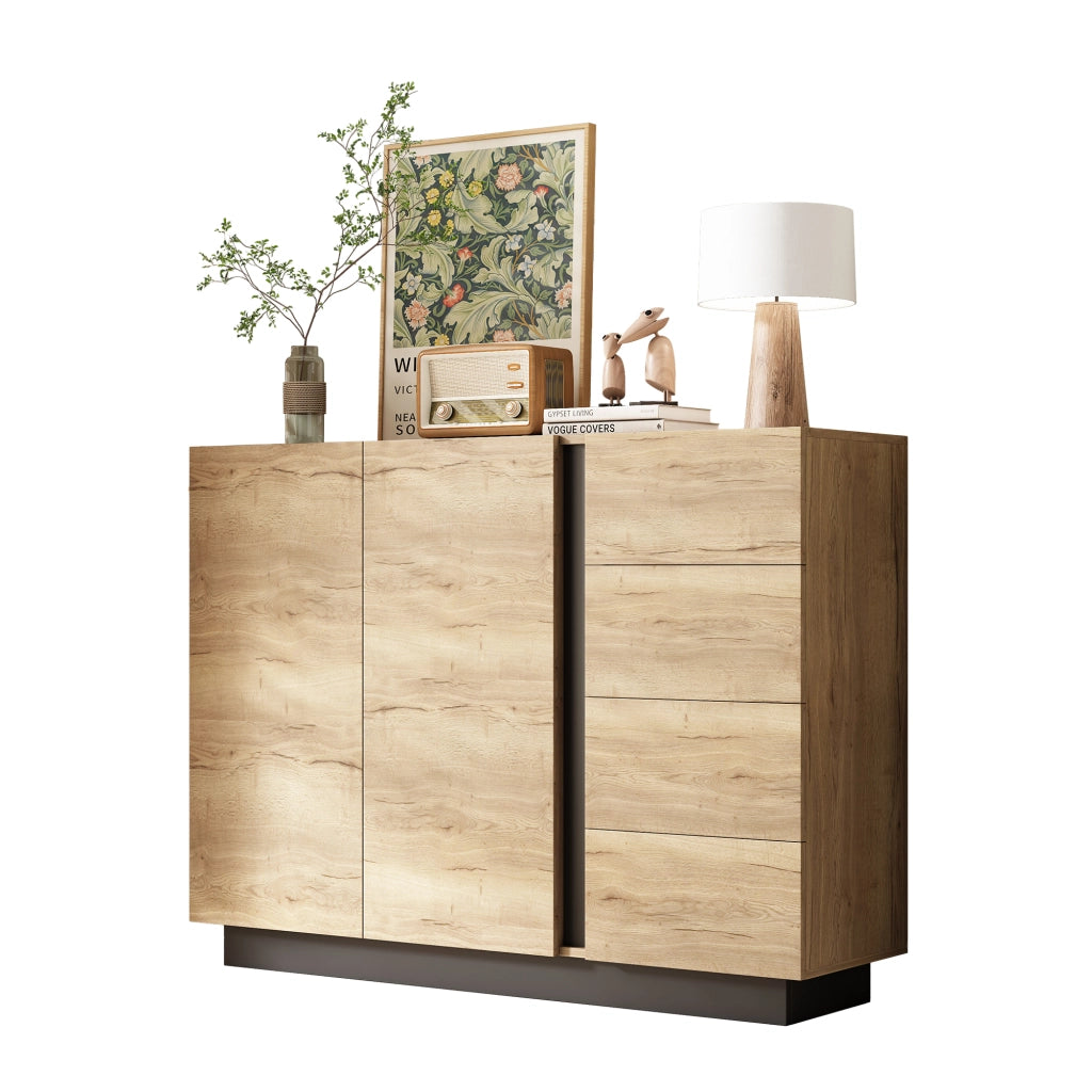 Com¨°, dispensa, credenza - Zephmum - 4 cassetti, 2 ante, nero e tonalit¨¤ naturali, 120x35.5x90.5 cm