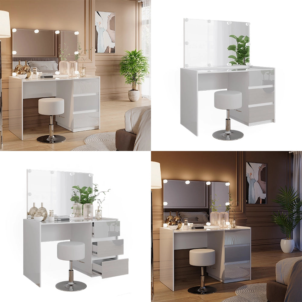 Vicco Tavolo da toilette Bianco lucido 120 cm con specchio, sgabello, luci fiabesche a LED