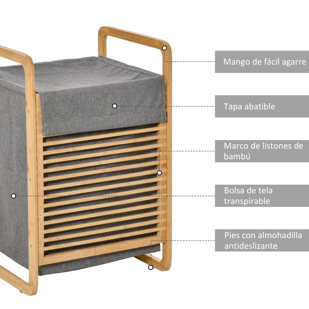 Cesto per bucato in bamb¨´ con tapa e sacchetto estraibile ¨C zephmum ¨C naturale e grigio 40x35.5x60.5 cm