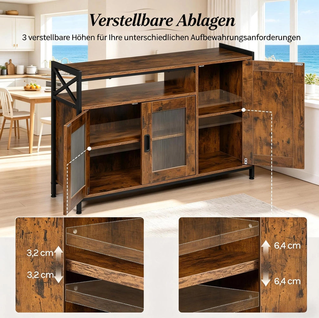 Mobile contenitore stile industriale in legno e metallo rustico 110x33x75 cm con ripiani regolabili