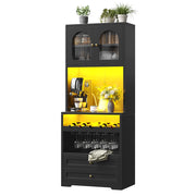 Credenza alta con ante in vetro; ripiani regolabili; LED e USB - per cucina e soggiorno - 70×40×180 cm - nera