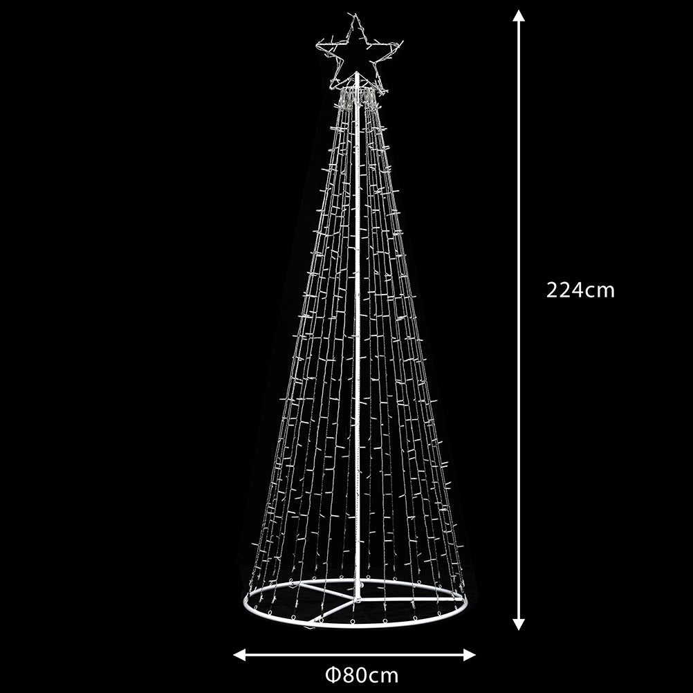 Albero Natale Luminoso 224cm 592 LED Bianco Caldo 8 Giochi Luce Metallo Esterno