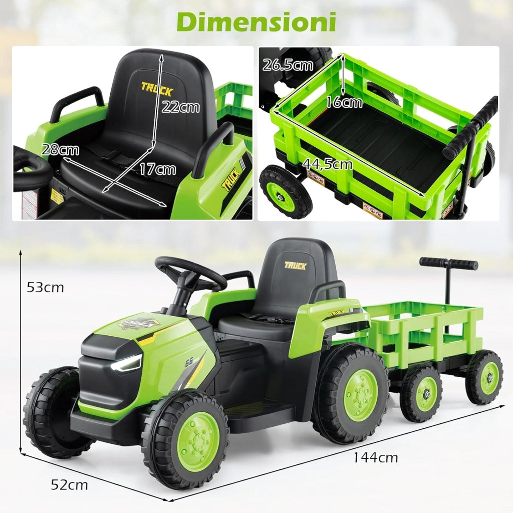 12V Trattore Elettrico per Bambini, Trattore a Pedali con Rimorchio Staccabile Controllo Remoto Fari LED Clacson e Musica, Macchina Elettrica per Bambini 37-95 Mesi (Verde)