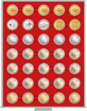Scatola per monete STANDARD - 35 compartimenti rotondi per capsule di moneta - Ø 32 mm - 2 monete da 2 EURO
