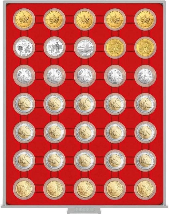 Scatola per monete STANDARD - 35 compartimenti rotondi per capsule di moneta - Ø 32 mm - 2 monete da 2 EURO