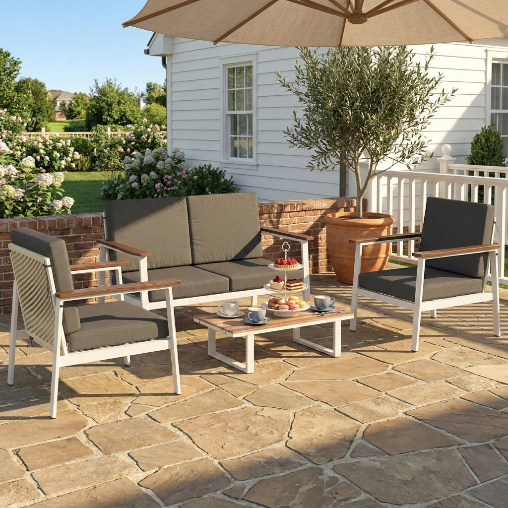 Set 4 Pezzi Salotto da Giardino Divano 2 Posti 2 Poltrone e Tavolino in Legno di Acacia e Metallo Grigio