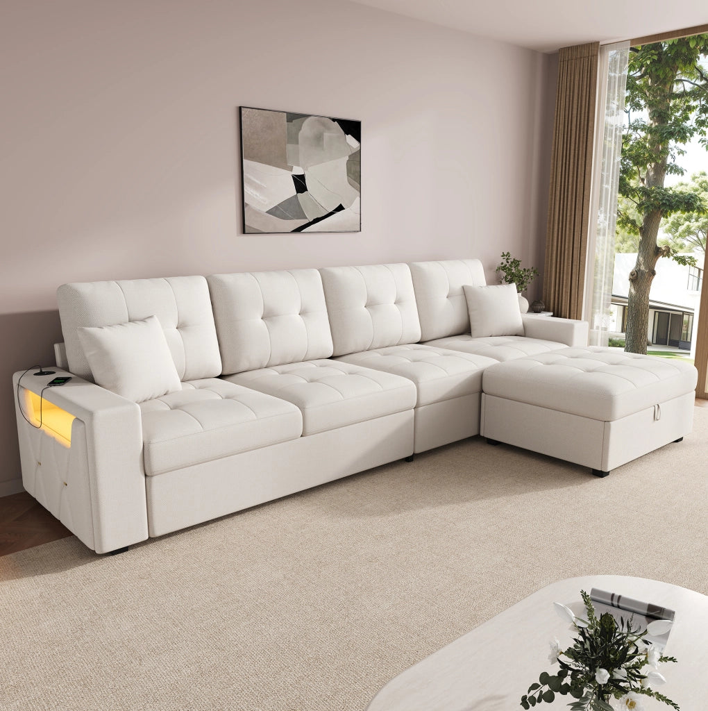 Divano modulare 4 posti beige con pouf contenitore, LED e USB-C