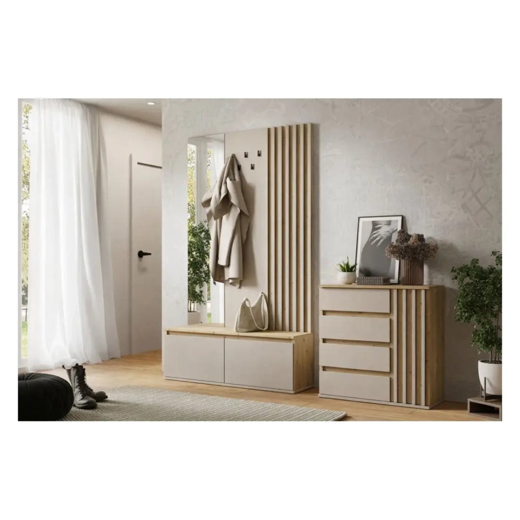 Mobile da ingresso Mone 120 cm con appendiabiti, specchio e vani contenitore – Rovere chiaro e beige cachemire
