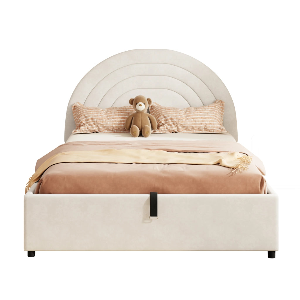 Letto Imbottito con Materasso 140x200 ¨C MINIMAL ¨C Velluto Beige, Testiera, Rete a Doghe