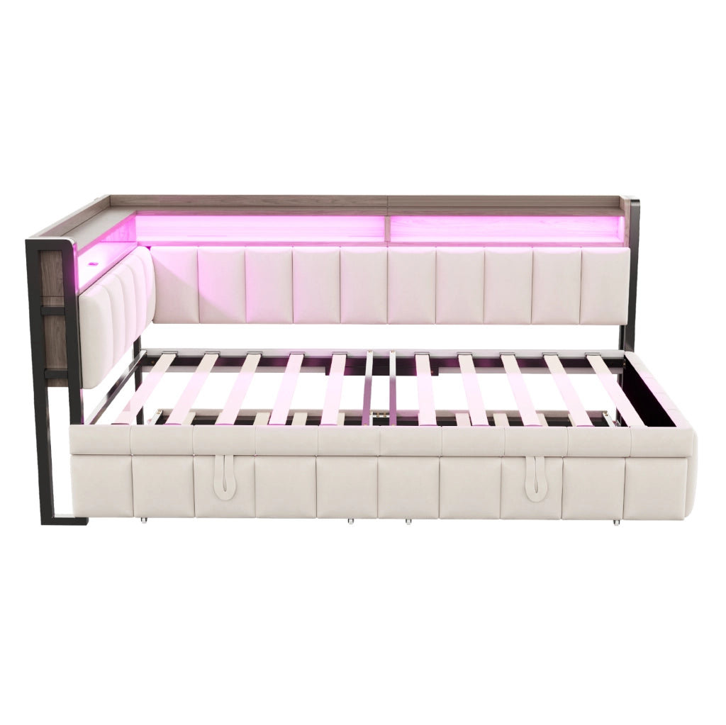 Divano letto angolare estraibile 90x200 cm in velluto beige con LED; USB e Type-C