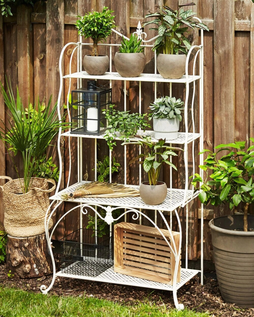 Scaffale per piante in metallo beige chiaro per esterni interni giardino retrò 4 ripiani portaoggetti da giardino autoportante