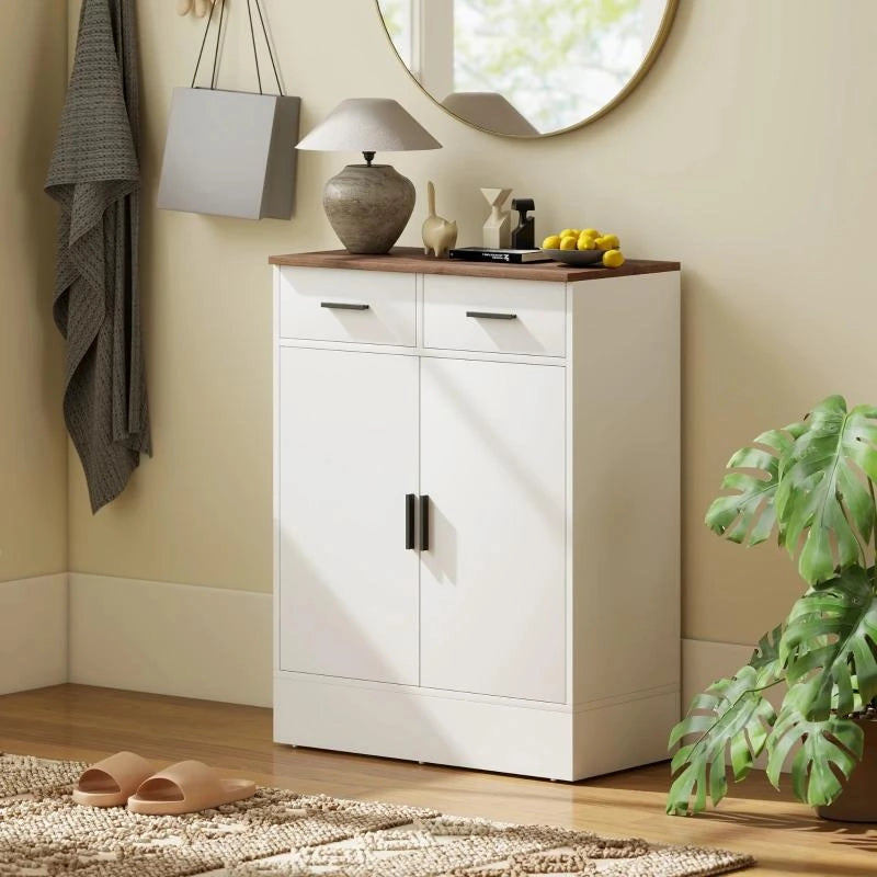 CREDENZA MODERNA 2 CASSETTI E ARMADIETTO 2 ANTE, RIPIANO INTERNO REGOLABILE, BIANCO E LEGNO