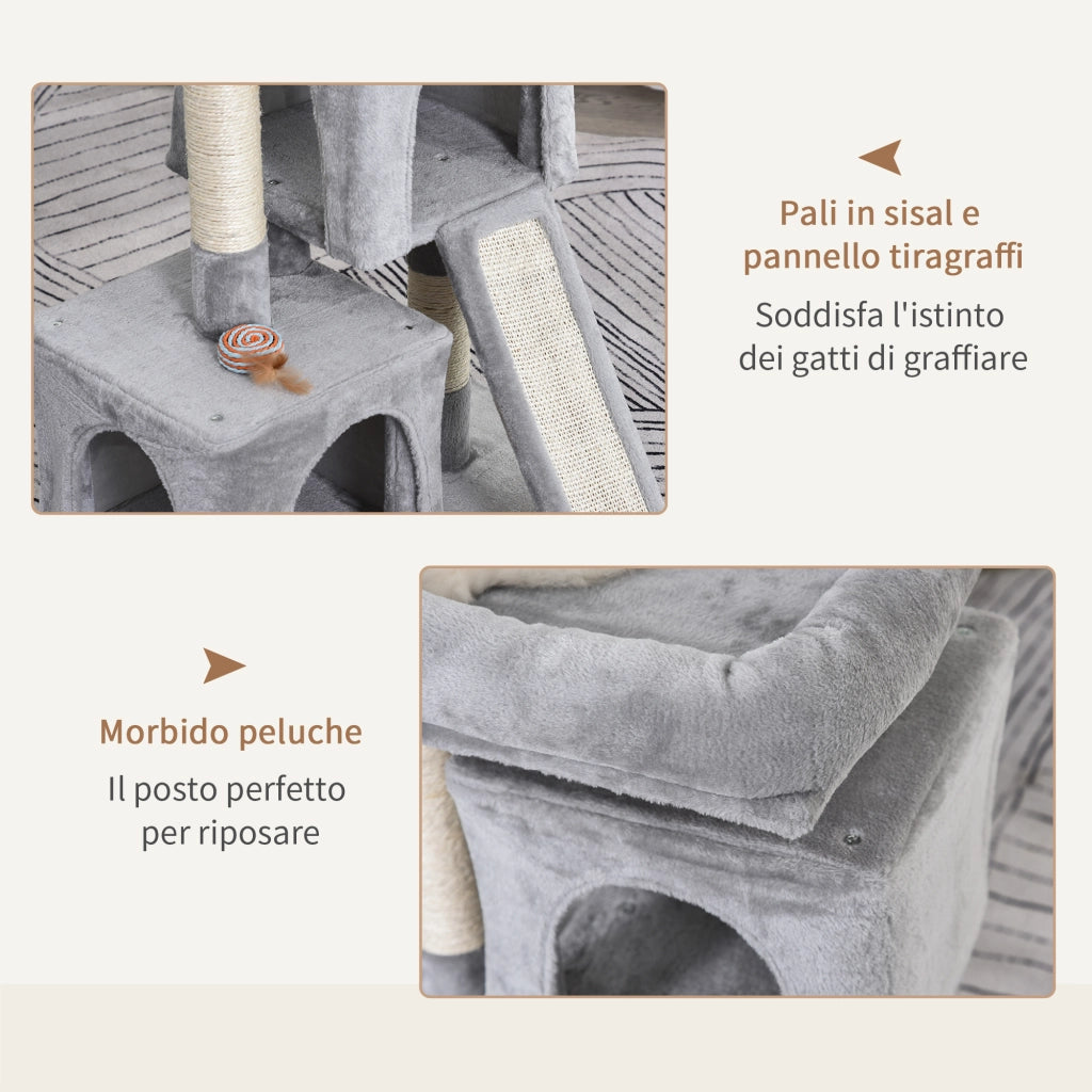 Albero Tiragraffi per Gatti con Lettino e 2 Casette ¨C Zephmum ¨C Grigio 59x39x81 cm