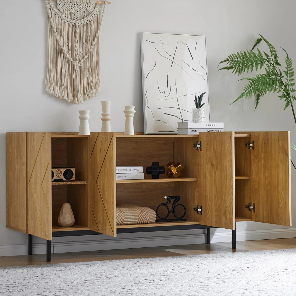 Credenza da soggiorno con 4 ante e inserti metallici, finitura naturale, 160 x 40 x 78 cm