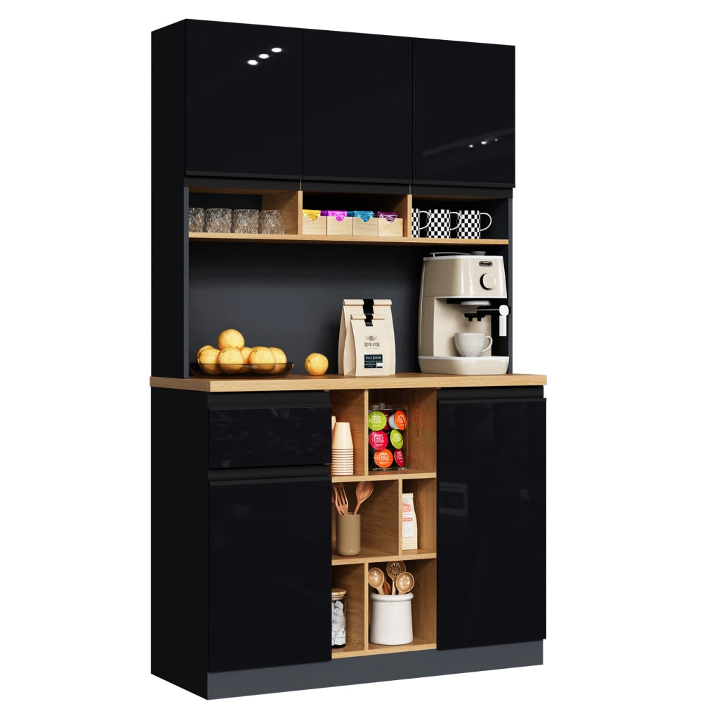Credenza alta da cucina 105x45x185 cm in MDF antracite e nero lucido con ante e cassetto