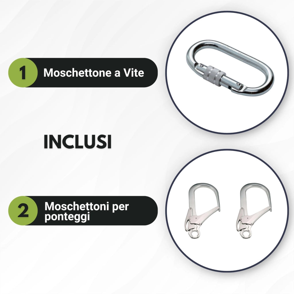 Cordino a Forcella a Vite in Acciaio con Assorbitore Energia, Sicurezza per Ponteggi con 2 Moschettoni Apertura 55 mm