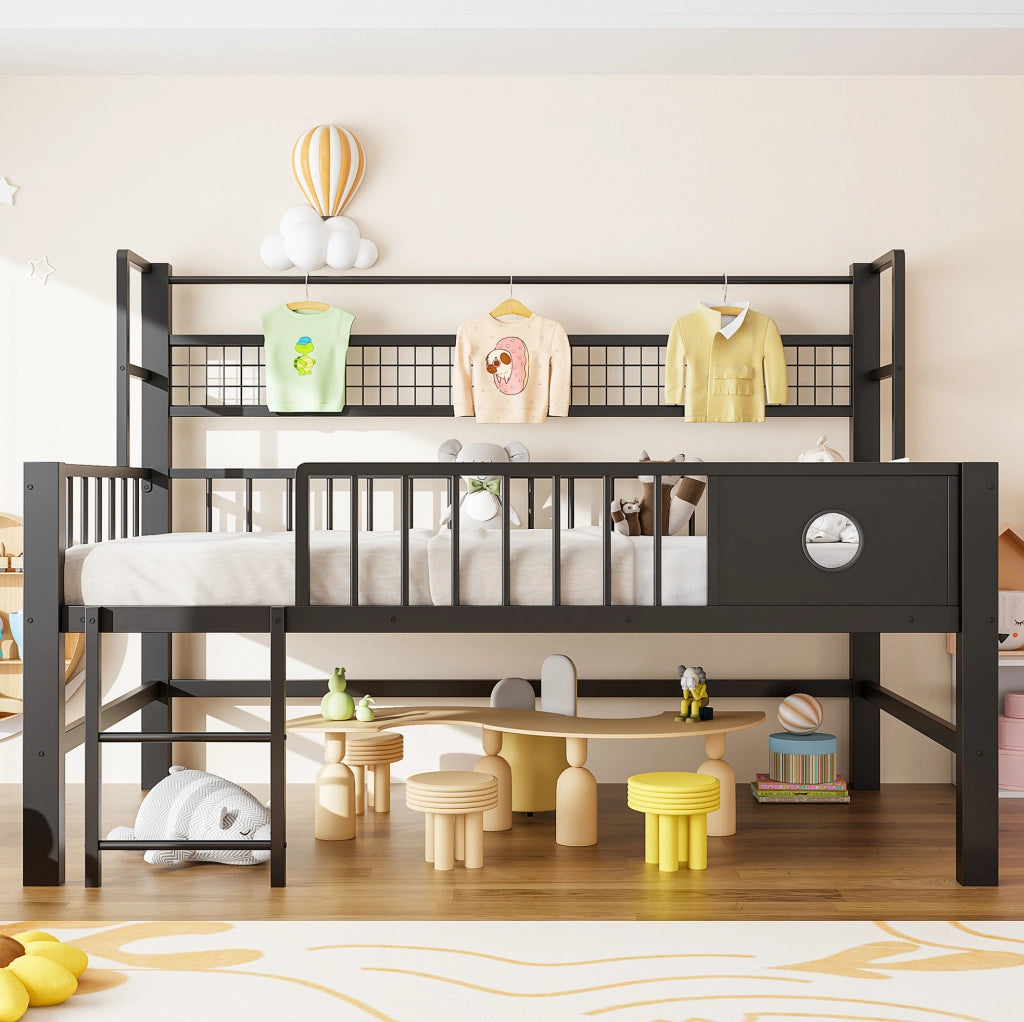 Letto a soppalco basso per bambini 90x200 cm con struttura in metallo; ripiani e barra appendiabiti; nero