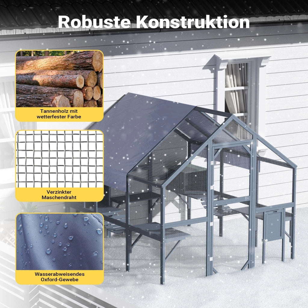 Recinto per gatti da esterno 210 x 187 x 187 cm, recinzione antifuga in legno con telo di copertura impermeabile per il tetto, diversi livelli, per giardino, balcone, terrazzo