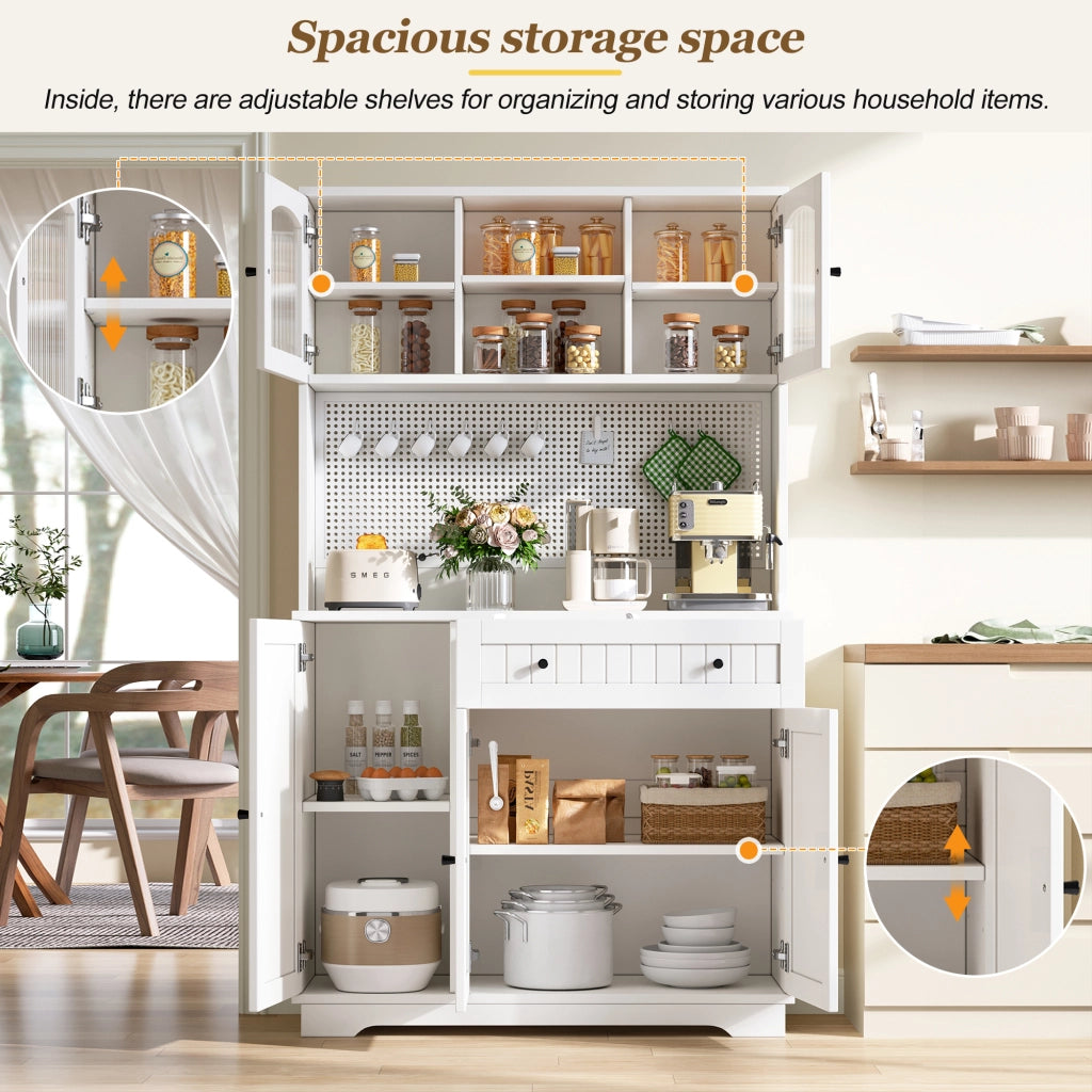 Credenza alta con vetrina e ripiani regolabili per cucina in truciolare bianco 103,5 × 40 × 180 cm