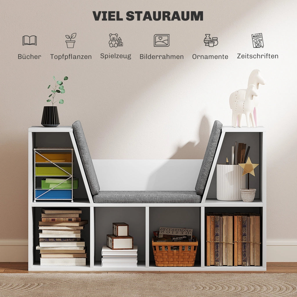 Libreria con seduta imbottita e 6 vani, bianca, 105x30x63 cm