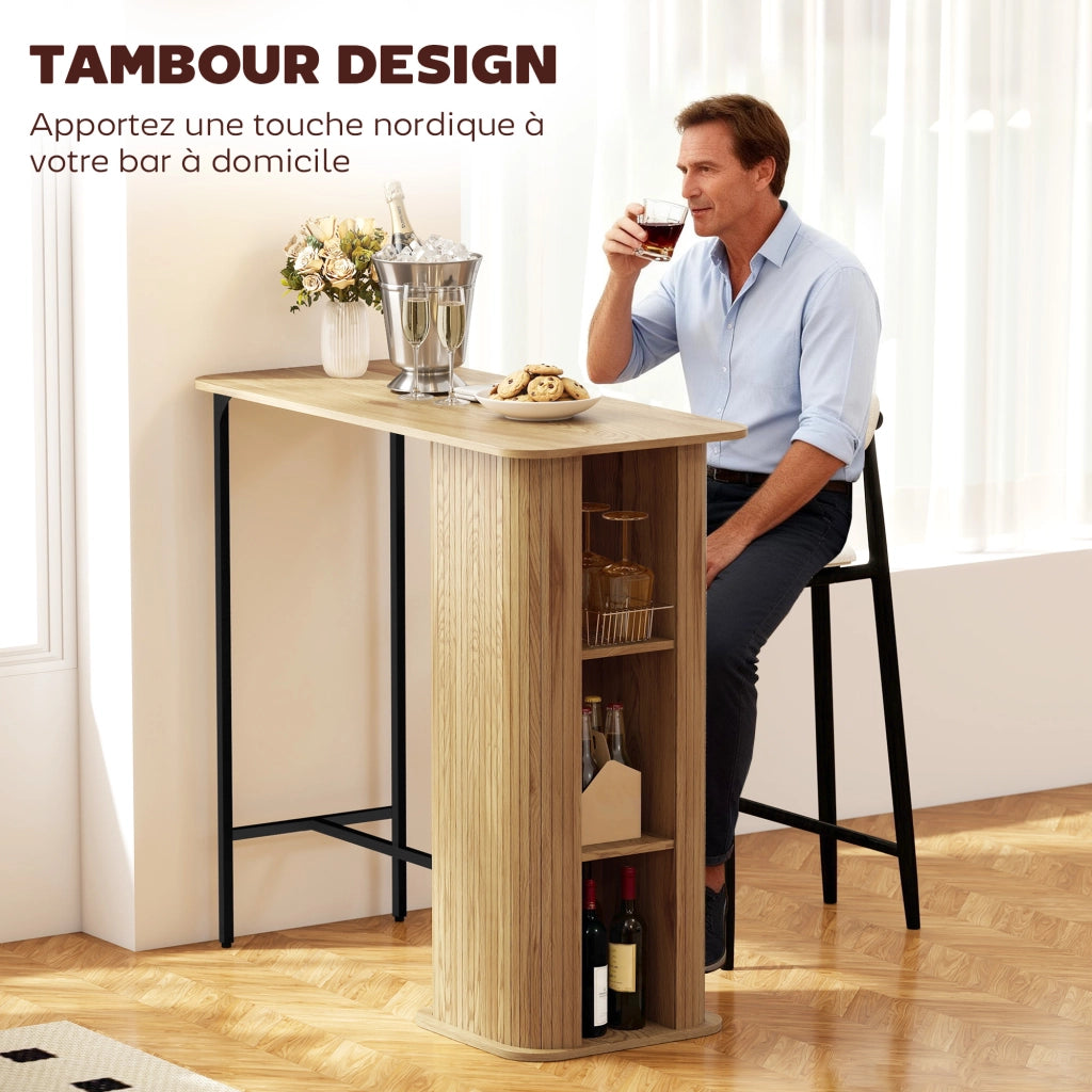 Tavolo Alto da Bar ¨C Xylo ¨C con 3 Ripiani Salvaspazio, Gambe in Metallo, Legno Naturale 112x50x106cm