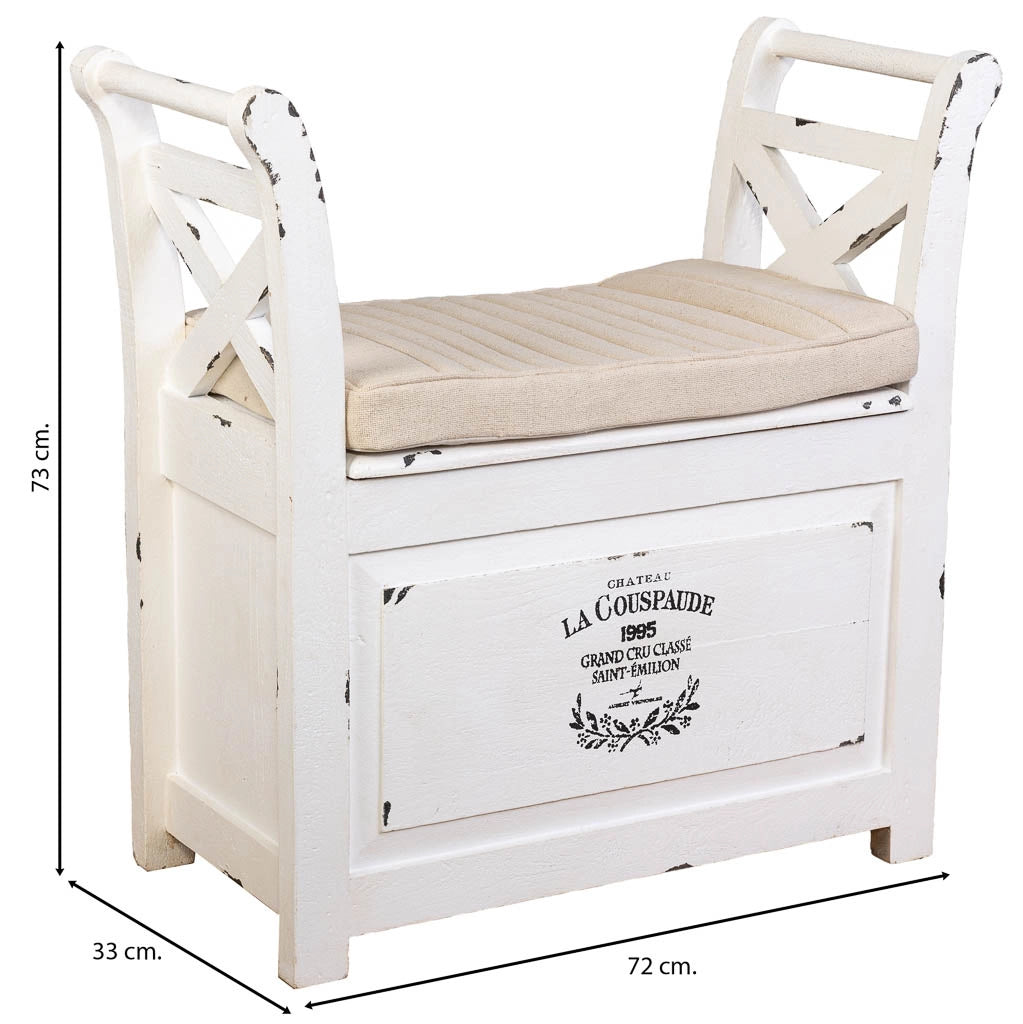 Sgabello in legno e metallo con cuscino bianco 72x33x73h