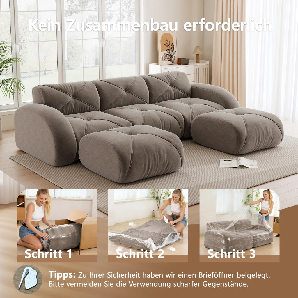 Divano modulare a U 3 posti senza struttura; in ciniglia; design senza cuciture; tortora