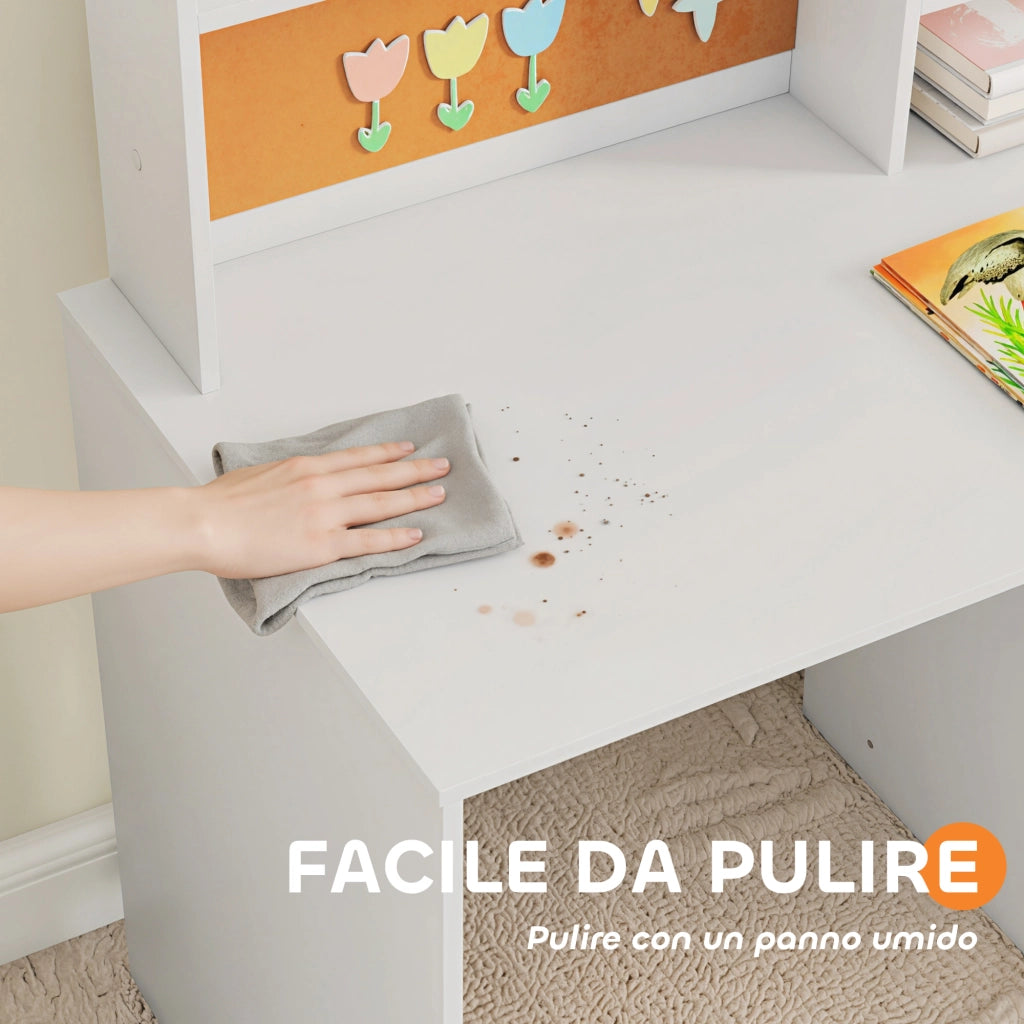 Set Scrivania e Sedia per Bambini con Scaffali Armadietto Cassetto in MDF Bianco