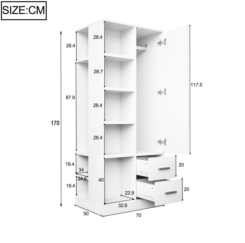 Armadio a 1 anta con cassetti e 2 barre appendiabiti; 70 × 50 × 170 cm; bianco