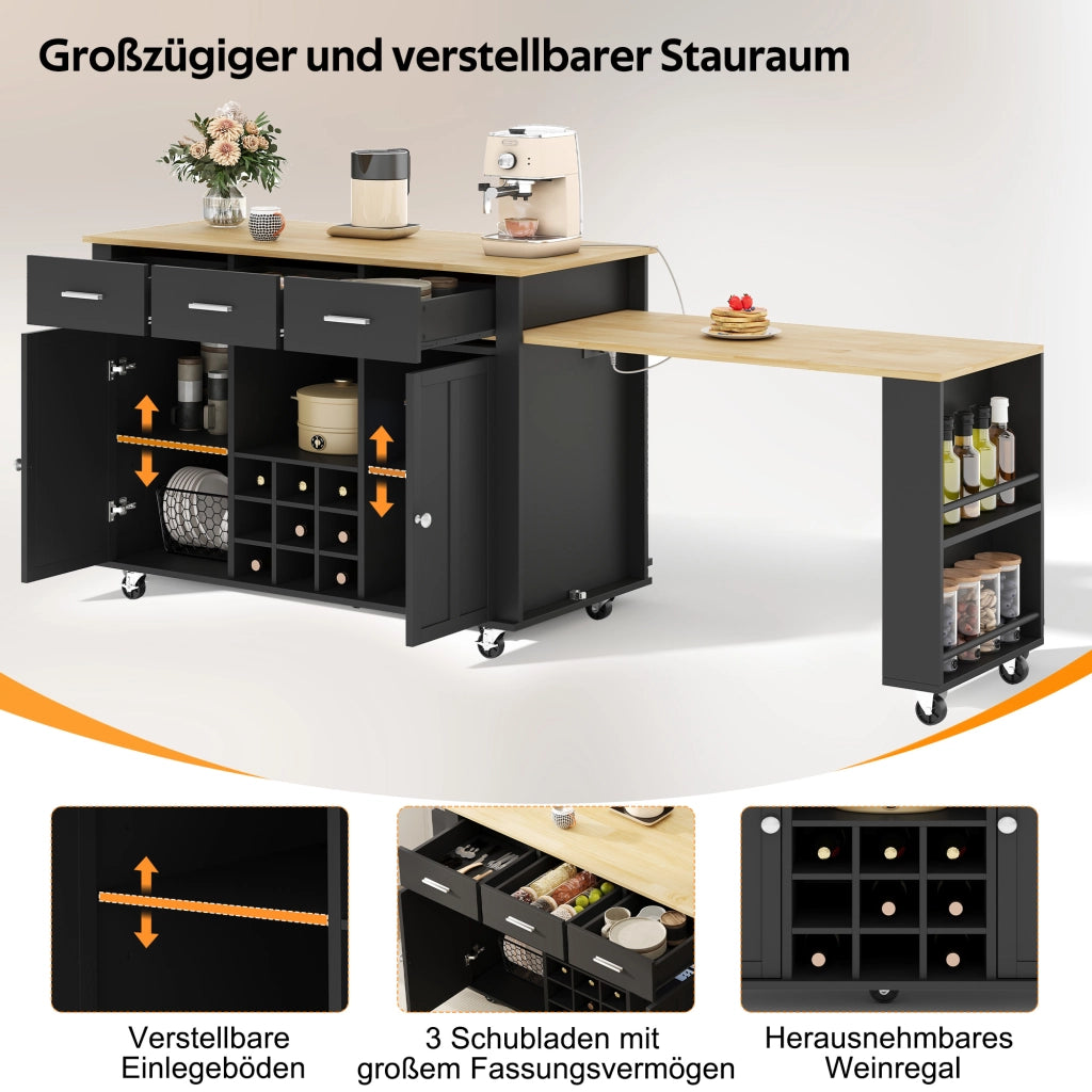 CUCINA Isola con piano estraibile 136(223)x50x93 cm MDF Nero/Naturale
