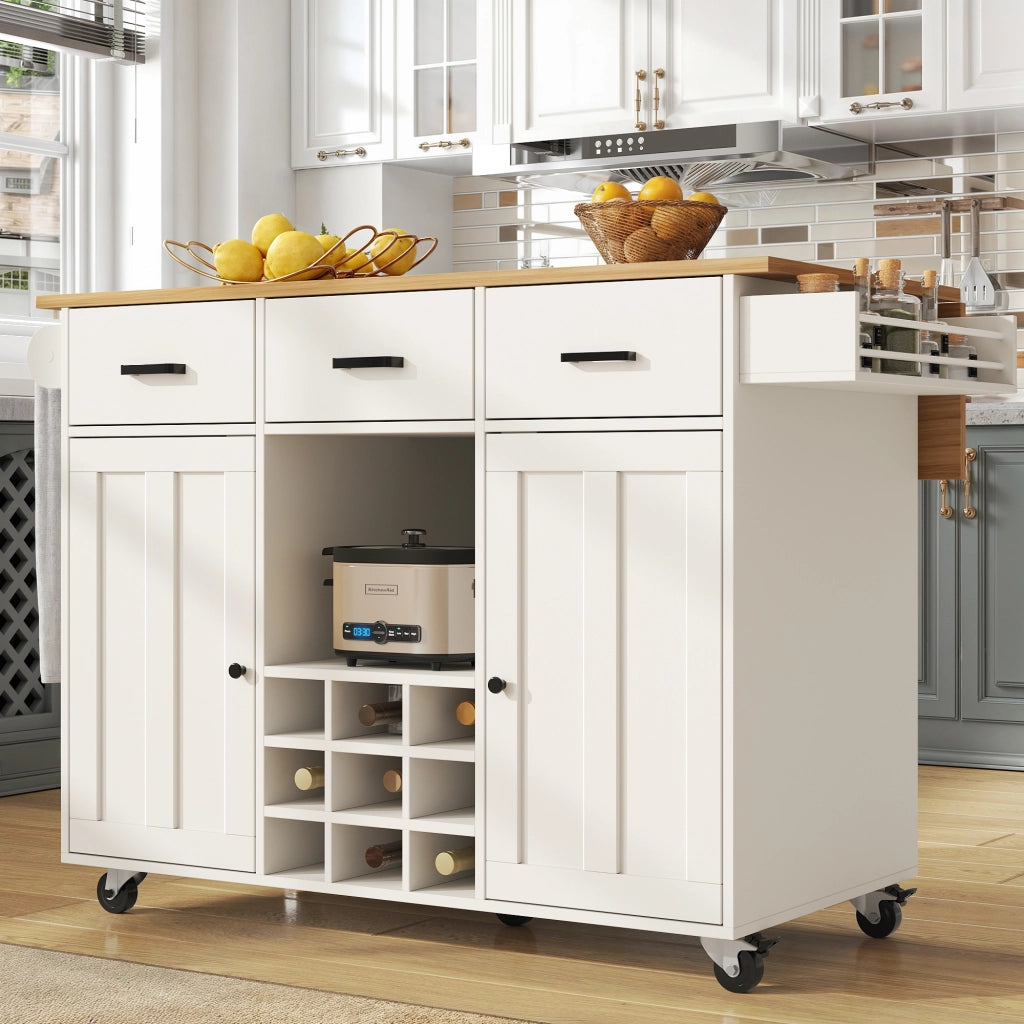 Carrello da Cucina con 3 Cassetti; 2 Ante; Portaspezie; Portaasciugamani e Piano Ribaltabile in MDF 104x39;5x91;5 cm Bianco